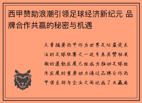 西甲赞助浪潮引领足球经济新纪元 品牌合作共赢的秘密与机遇