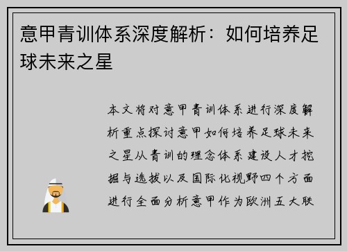 意甲青训体系深度解析：如何培养足球未来之星