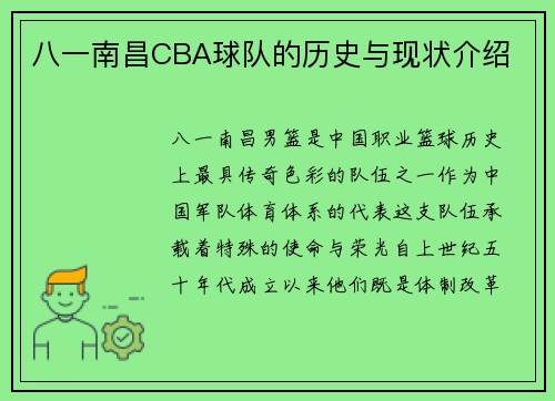 八一南昌CBA球队的历史与现状介绍