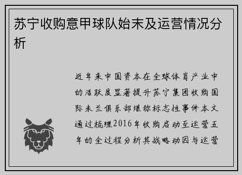 苏宁收购意甲球队始末及运营情况分析